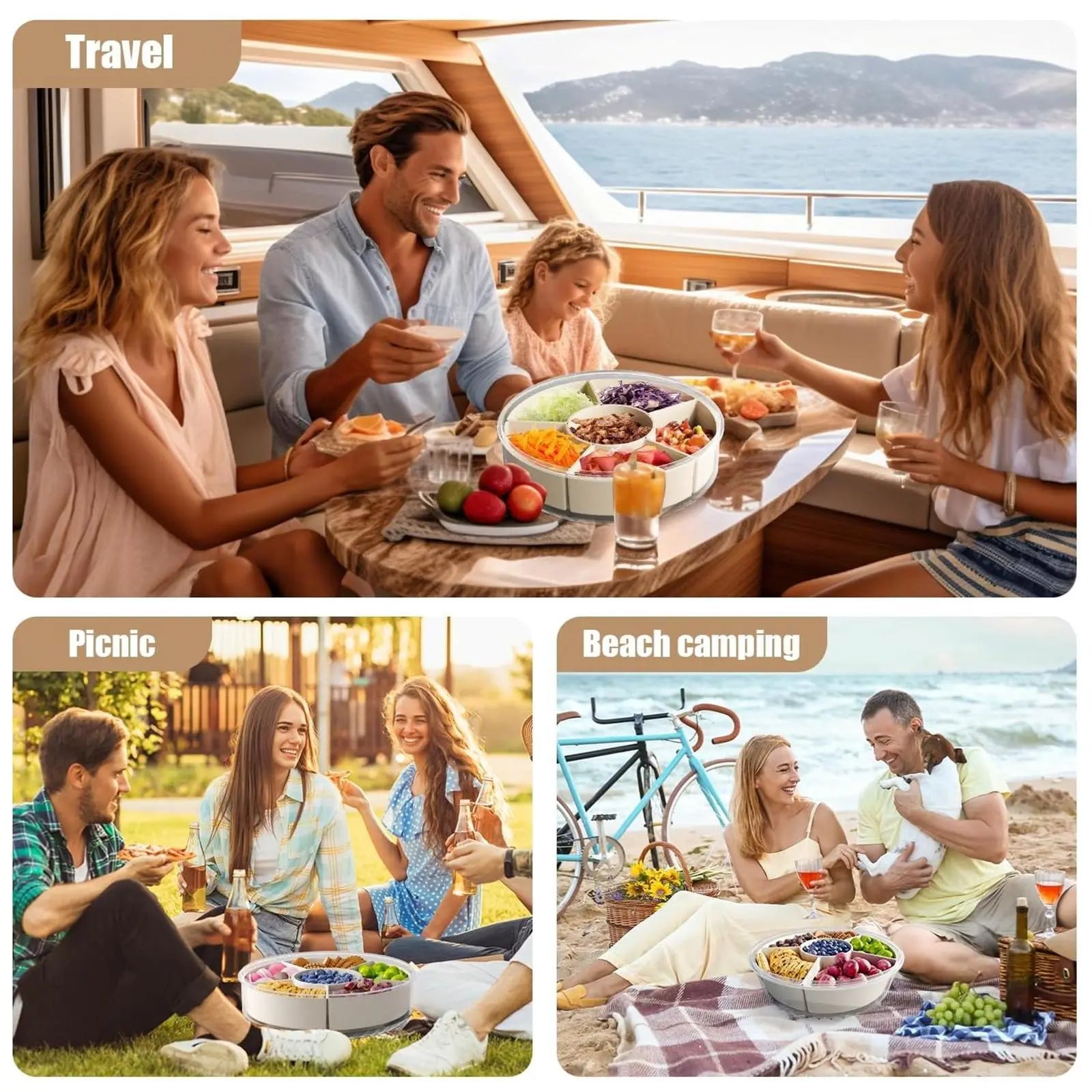 Divided Serving Tray with Lid and Handle, Multi-Purpose Food Platter Lunch Box for Charcuterie Veggie Fruit,Travel Beach Picnic Outdoor Essentials