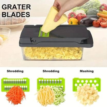 16-In-1 Multi-Function Vegetable Slicer and Cutter Kit - Manual Food Processor with Container, Drainage Basket and Hand Guard - Great for Potatoes, Onions, Carrots, Garlic - No Electricity Required, Green and Black, Kitchen Gadgets
