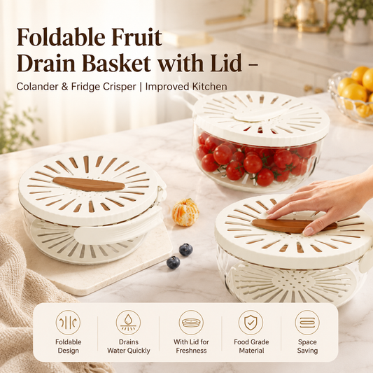 Foldable Fruit Drain Basket with Lid – Colander & Fridge Crisper | Improved Kitchen