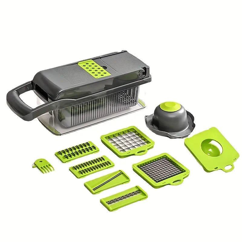 16-In-1 Multi-Function Vegetable Slicer and Cutter Kit - Manual Food Processor with Container, Drainage Basket and Hand Guard - Great for Potatoes, Onions, Carrots, Garlic - No Electricity Required, Green and Black, Kitchen Gadgets