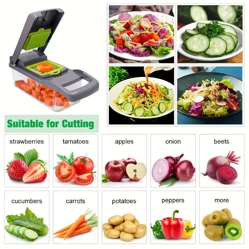 16-In-1 Multi-Function Vegetable Slicer and Cutter Kit - Manual Food Processor with Container, Drainage Basket and Hand Guard - Great for Potatoes, Onions, Carrots, Garlic - No Electricity Required, Green and Black, Kitchen Gadgets