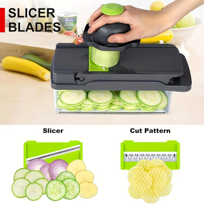 16-In-1 Multi-Function Vegetable Slicer and Cutter Kit - Manual Food Processor with Container, Drainage Basket and Hand Guard - Great for Potatoes, Onions, Carrots, Garlic - No Electricity Required, Green and Black, Kitchen Gadgets