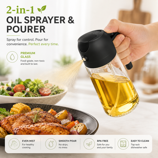 2-in-1 Glass Olive Oil Dispenser & Sprayer Bottle, 16oz – Single Bottle | Improved Kitchen