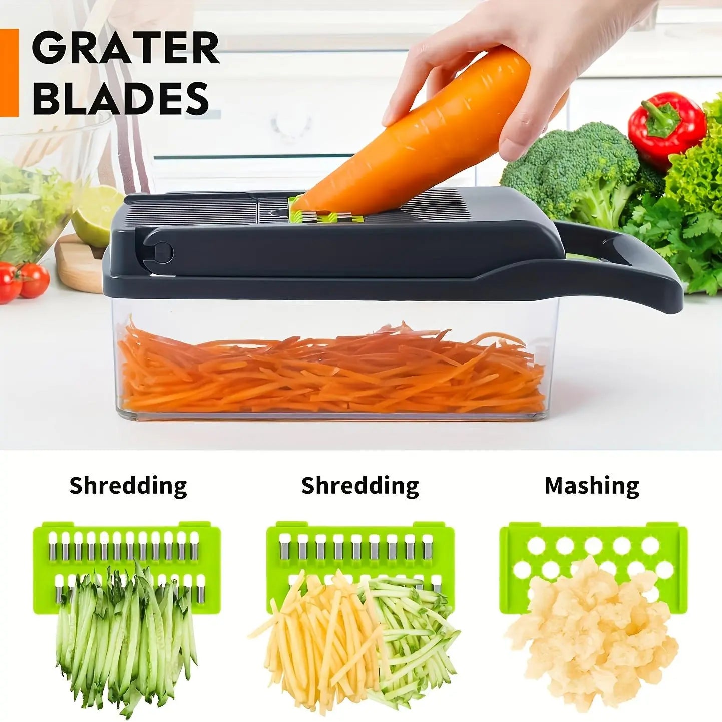 16-In-1 Multi-Function Vegetable Slicer and Cutter Kit - Manual Food Processor with Container, Drainage Basket and Hand Guard - Great for Potatoes, Onions, Carrots, Garlic - No Electricity Required, Green and Black, Kitchen Gadgets