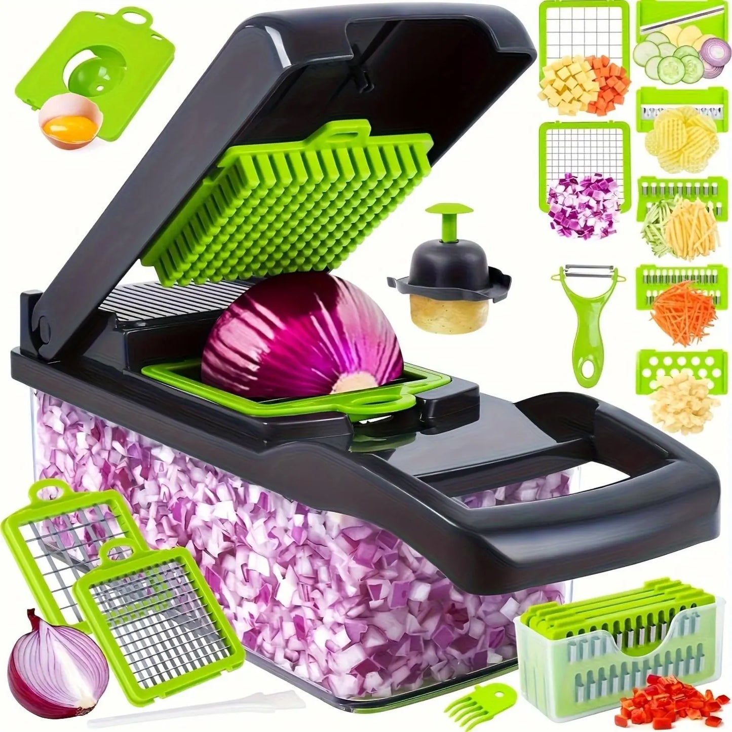 16-In-1 Multi-Function Vegetable Slicer and Cutter Kit - Manual Food Processor with Container, Drainage Basket and Hand Guard - Great for Potatoes, Onions, Carrots, Garlic - No Electricity Required, Green and Black, Kitchen Gadgets