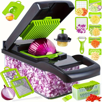 16-In-1 Multi-Function Vegetable Slicer and Cutter Kit - Manual Food Processor with Container, Drainage Basket and Hand Guard - Great for Potatoes, Onions, Carrots, Garlic - No Electricity Required, Green and Black, Kitchen Gadgets