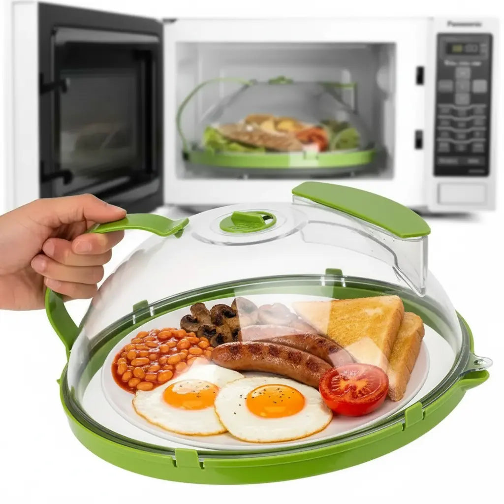 Microwave Splatter Cover with Water Steamer 10 Inch Clear Food Cover Lid, Steam Vent Splatter Guard for Plates, Bowls & Microwave Reheating