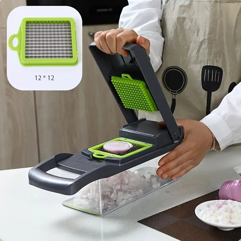 16-In-1 Multi-Function Vegetable Slicer and Cutter Kit - Manual Food Processor with Container, Drainage Basket and Hand Guard - Great for Potatoes, Onions, Carrots, Garlic - No Electricity Required, Green and Black, Kitchen Gadgets