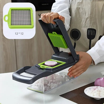 16-In-1 Multi-Function Vegetable Slicer and Cutter Kit - Manual Food Processor with Container, Drainage Basket and Hand Guard - Great for Potatoes, Onions, Carrots, Garlic - No Electricity Required, Green and Black, Kitchen Gadgets